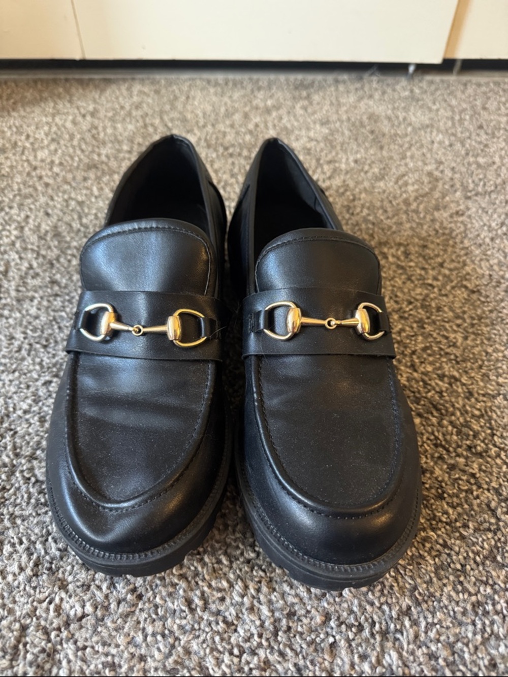 Sincerely Jules Black Leather Loafers with Gold Horsebit